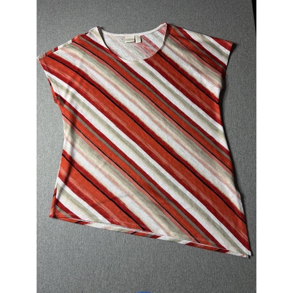Chicos Women's Orange Red Striped Short Sleeve Asymmetrical Top Size 3 (XL 16)
